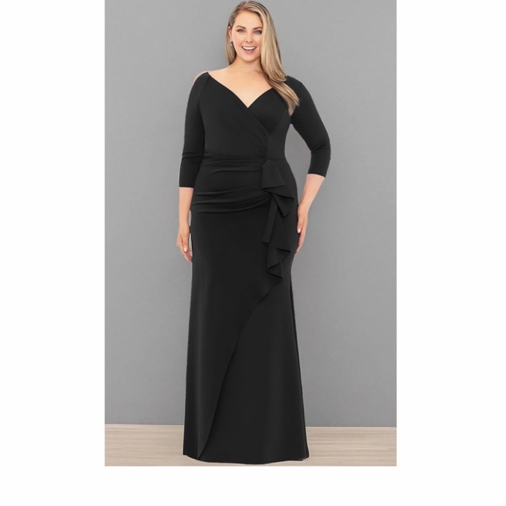 Xscape 3/4 Sleeve Black Ruffle Faux Wrap Gown